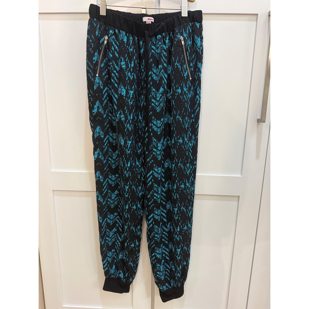 Bongo Womens Jogger Pants Large Black Teal Blue Abstract Print Zippers no pocket - Picture 1 of 8